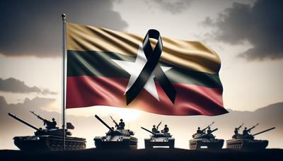 Myanmarese vlag met rouwlint en militaire tanks.