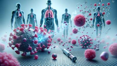 Illustration av nanomedicinpartiklar som riktar sig mot lungcancerceller.

