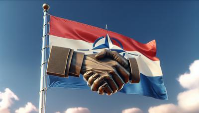 NAVO-vlag en Nederlandse vlag samen met handdruk.