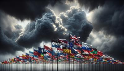 Banderas de la OTAN con nubes tormentosas en el fondo