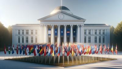 NATO-Flaggen mit Weißem Haus im Hintergrund