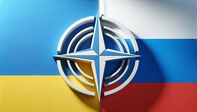 NATO:s logotyp med bakgrunden av Ukrainas och Rysslands flaggor.

