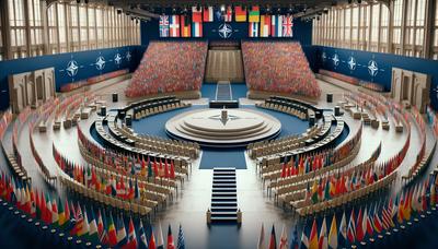 Local da cúpula da OTAN com bandeiras e pódio montado.