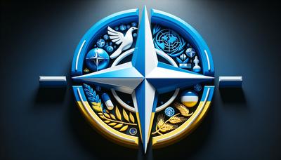 Symbol NATO z flagą Ukrainy oraz ikonami dyplomacji.

