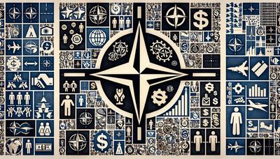 NATO-Symbole, die wirtschaftliche und militärische Strategie-Icons überlappen