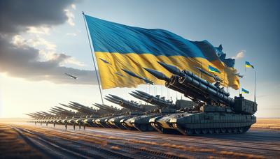 NATO-Panzer und Raketen vor dem Hintergrund der ukrainischen Flagge