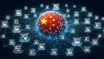 中国の旗が重ねられたニュースウェブサイトのネットワーク