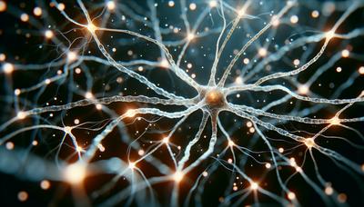 Neuroni che formano connessioni con sinapsi e percorsi luminosi.