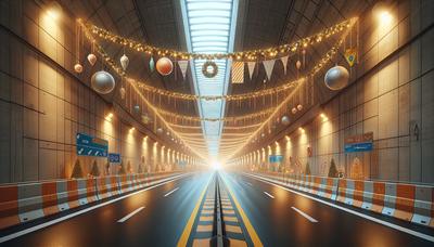 Nieuwe snelwegtunnel met feestelijke versieringen en borden.