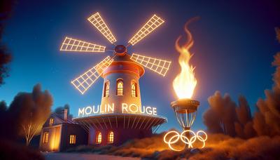 Nouvelles voiles sur le Moulin Rouge avec la flamme olympique.