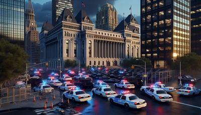 Palais de justice de New York avec une forte présence policière.