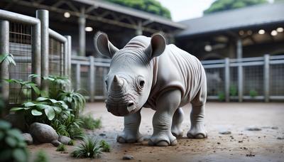 El recién nacido rinoceronte blanco Silverio de pie en el zoológico.