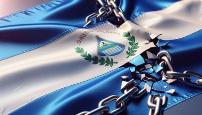 Bandera de Nicaragua con cadenas rotas simbolizando la libertad.