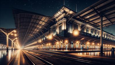 Vista notturna della stazione ferroviaria illuminata.