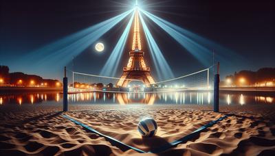 Spectacle de volley-ball de plage sous les lumières éclatantes de la Tour Eiffel la nuit