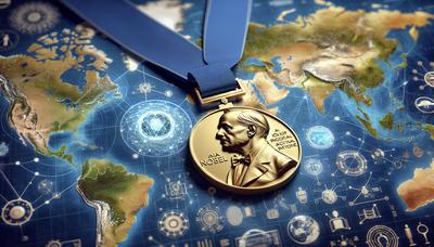 Medalha Nobel em meio a mapa-múndi e símbolos de IA.