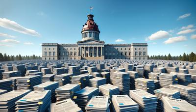 Noord-Carolina State Capitol met stapels begrotingsdocumenten