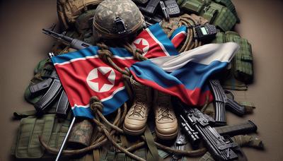 Nordkoreanska och ryska flaggor sammanflätade med militär utrustning.