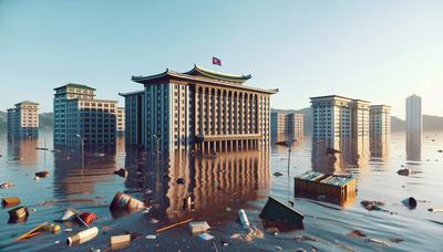 Nordkoreanische Gebäude von Hochwasser und Trümmern umgeben.