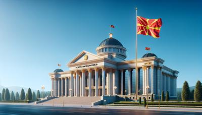 Edificio del parlamento della Macedonia del Nord con la bandiera nazionale che sventola.