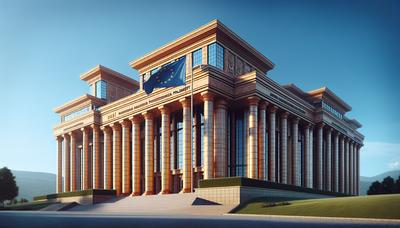 Edificio del parlamento de Macedonia del Norte con la bandera de la UE.