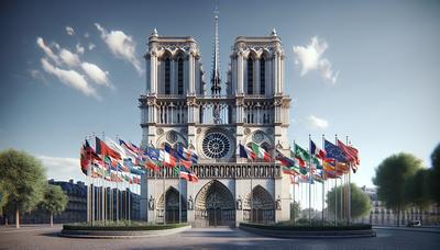 La cathédrale Notre-Dame entourée de drapeaux du monde entier.