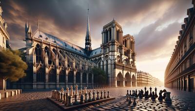 Extérieur de la cathédrale Notre-Dame avec ambiance de discussion stratégique.