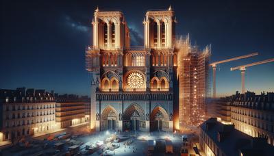 Cathédrale Notre-Dame illuminée la nuit avec les rénovations visibles.