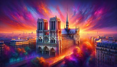 Cathédrale Notre-Dame avec un coucher de soleil vibrant en arrière-plan.