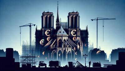 Silhouette de Notre-Dame avec symboles euro et thème de restauration.