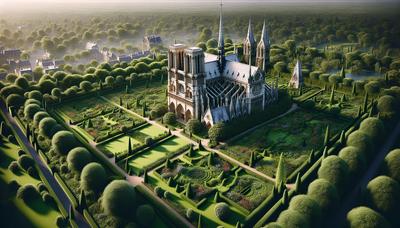 Notre-Dame entourée de verdure luxuriante et de jardins.