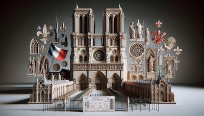 « Notre-Dame avec illustration du billet d'entrée et symboles du patrimoine. »