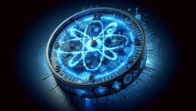 "Orologio nucleare che brilla di blu con simboli atomici."