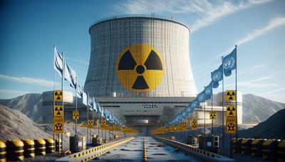 Nucleaire faciliteit met waarschuwingsborden en VN-vlaggen