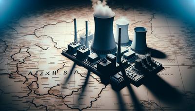 Silhouette de centrale nucléaire avec en arrière-plan la carte du Kazakhstan.