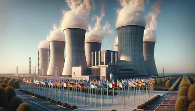 Central nuclear con banderas europeas ondeando.