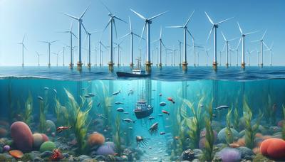 Éoliennes offshore avec des algues et des fruits de mer en dessous.