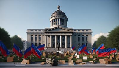 Ohio-domstol med protestskyltar och haitiska flaggor