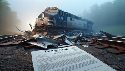 Destroços de trem em Ohio com valor do acordo destacado.