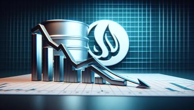 Gráfico de declínio de barris de petróleo e logotipo da Saudi Aramco.