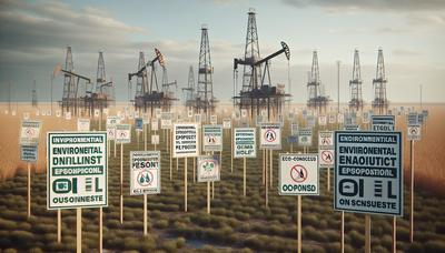 Plataformas de petróleo em um campo com placas de protesto ambiental.