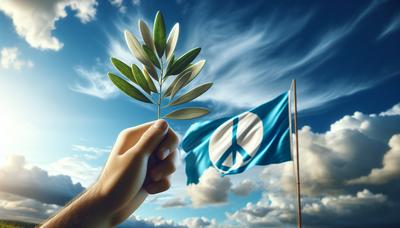 Branche d'olivier et drapeau de la paix dans le ciel