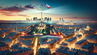 Drapeaux olympiques et skyline de Paris avec des lumières vives