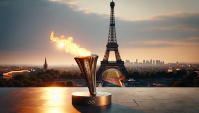 Flamme olympique à Paris avec la tour Eiffel en arrière-plan.