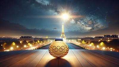 Medaglia d'oro olimpica brillante palcoscenico luci di Parigi.