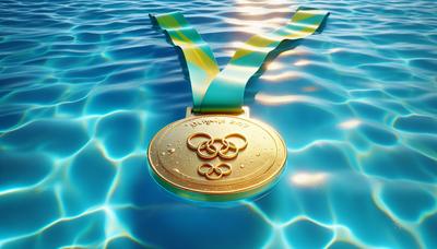 Médaille d'or olympique scintillant dans la piscine bleu aqua.