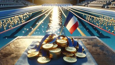 Piscine olympique avec médailles d'or et drapeau français