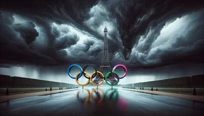 Anneaux olympiques éclipsés par de sombres nuages orageux Eiffel.