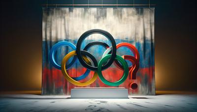 Anillos olímpicos con fondo de la bandera rusa y signo de interrogación