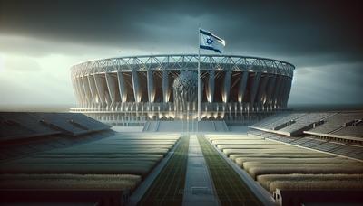 Stade olympique avec drapeau israélien sous un ciel nuageux.